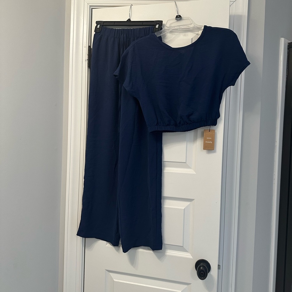 Navy Wide Leg Pants & Crop Top Set